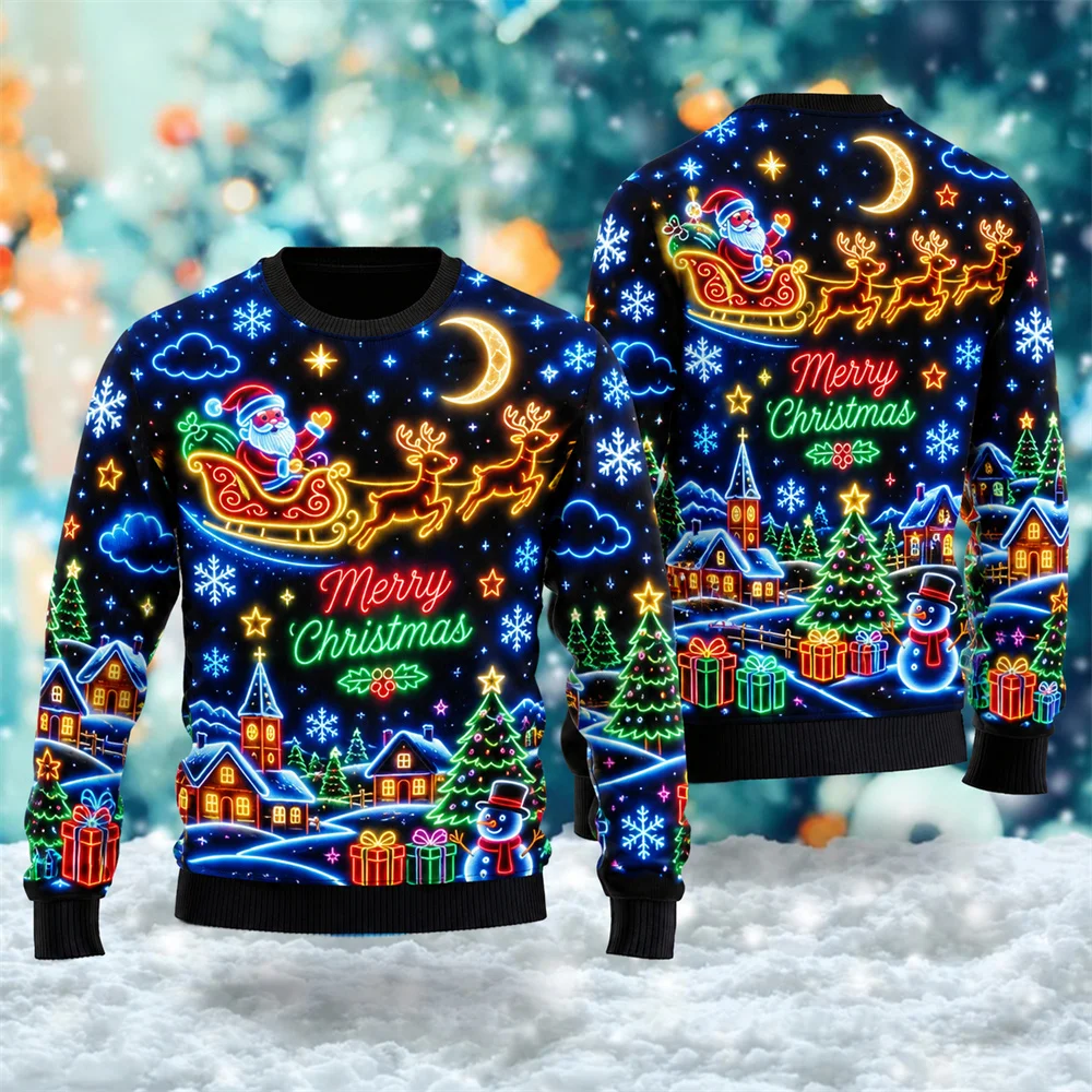 Neon 3D print Christmas Sweatshirt Men Snowman Jesus Nativity Graphic Crewneck Pullover Cross Ugly Sweater Holiday Funny Party