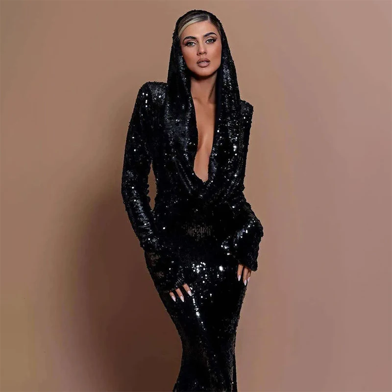 

Black Sparkling Evening Dresses Elegant Mermaid Deep V-Neck Long Sleeve Backless Hooded Design Celebrity Dress/Party Prom Dress