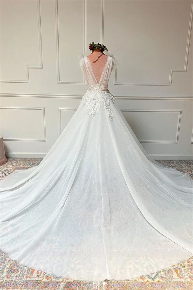 2022 novo Branco Puro Vestido de Noite Para O Casamento Accasion Simples Apliques A Linha de Trem Da Varredura Com Decote Em V Sem Encosto de Baile вечерние платья