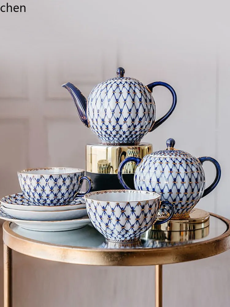 YFY cobalt blue mesh pattern afternoon tea set - premium exquisite ceramic coffee cup and saucer set