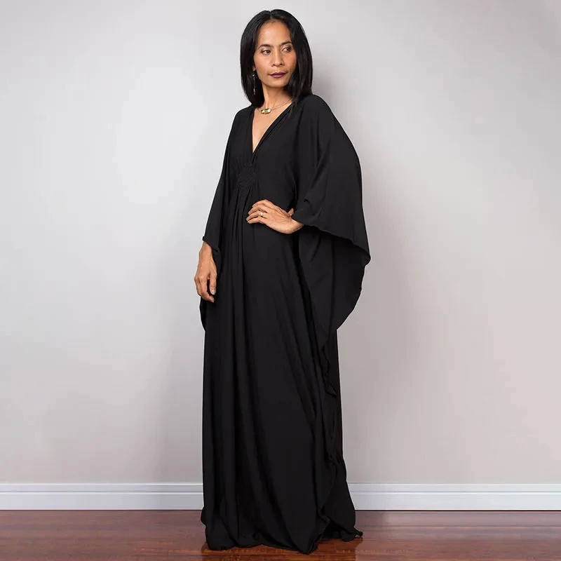 Greek Goddess Pure White Long Dress Stuning Solid Color Black Kaftan High Waist Batwing Sleeve Maxi Dresses For Elegant Womens