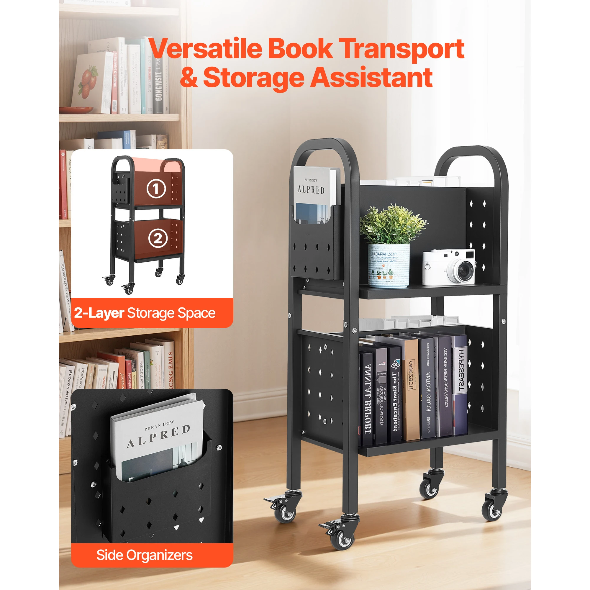 SucceBuy-carrito para libros con ruedas de 150 libras, estantes en forma de L de doble cara con ruedas bloqueables de 2 pulgadas, camión para libros para el hogar y la Oficina