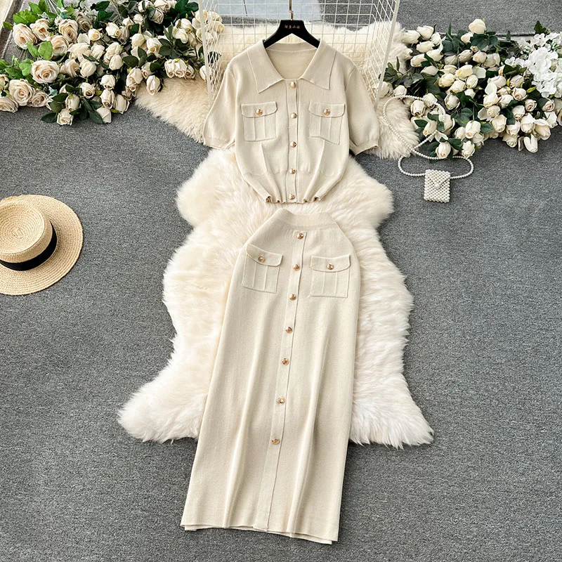 Two Piece Skirt Set Women Knitted Sets Fashion ButtonShort Sleeve T SHIRT+Knitted Camis Dress Sets Fashion Summer Suits