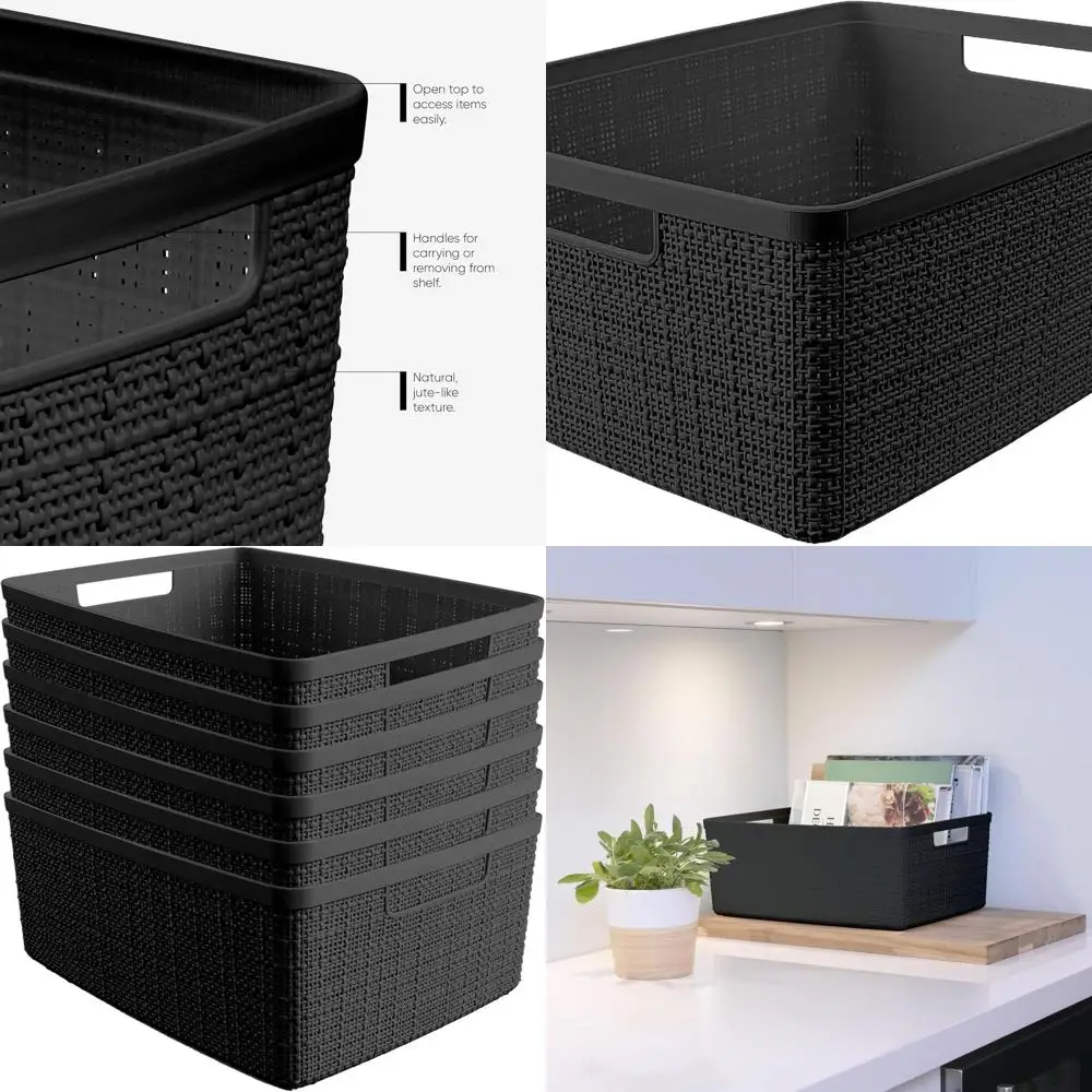 

6 упаковок средних пластиковых корзин для хранения из джута объемом 12 л — идеально подходят для дома, офиса, шкафов, кухни и спальни, черные