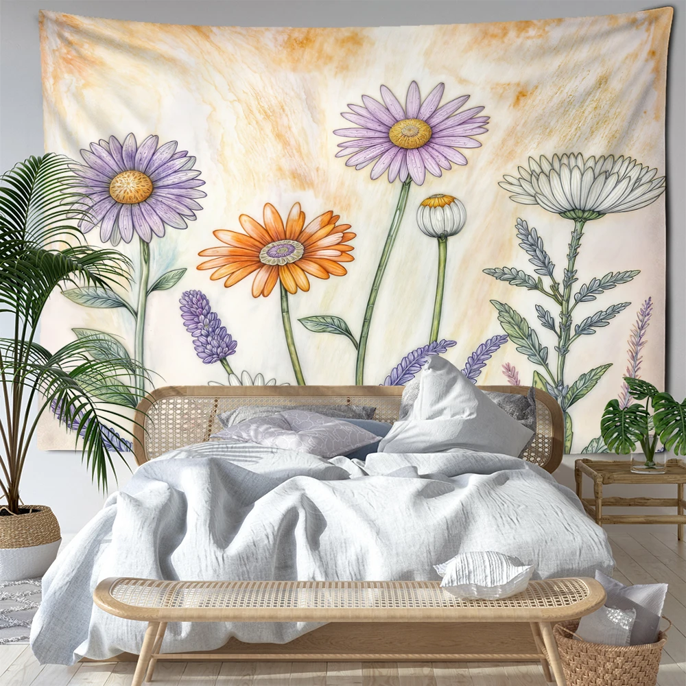 Colorful Daisy Oil Painting Tapestry Wall Hanging Bohemian Retro Art Style Bedroom Living Room Home Decor Background Cloth