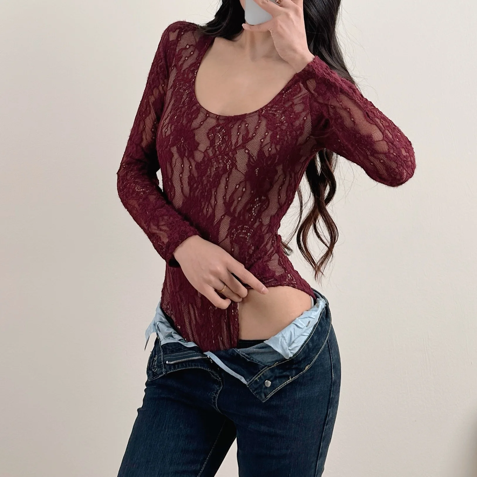 Drunk Sugar Sheer Hollow Floral Embroidery Bodysuit Double Round Neck Finger Cuff Long Sleeve Slim Pure Desire Jumpsuit