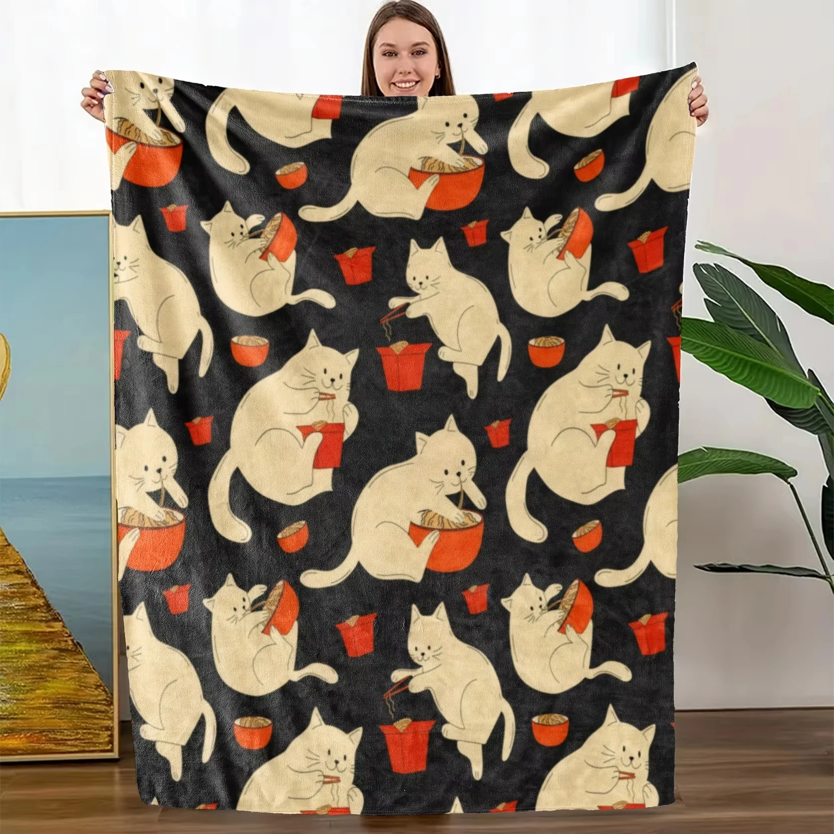 Scandinavian Cat Pattern Flannel Blanket White Cats Orange Buckets Print Soft Warm For Living Room Bedroom Home Decor