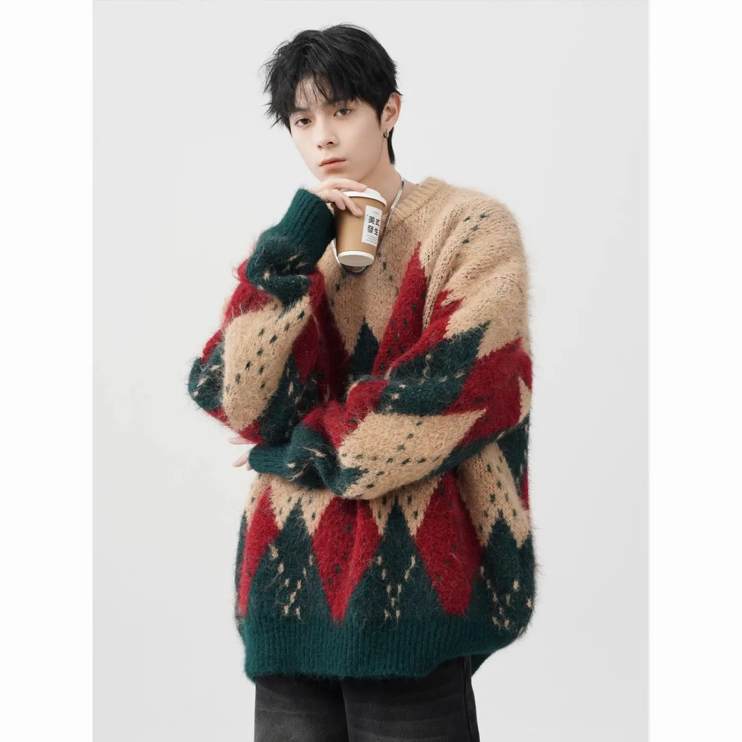 

Рождественский свитер с круглым вырезом для мужчин осенью и зимой Maillard, утолщенный теплый свободный свитер в американском стиле ретро с ромбами