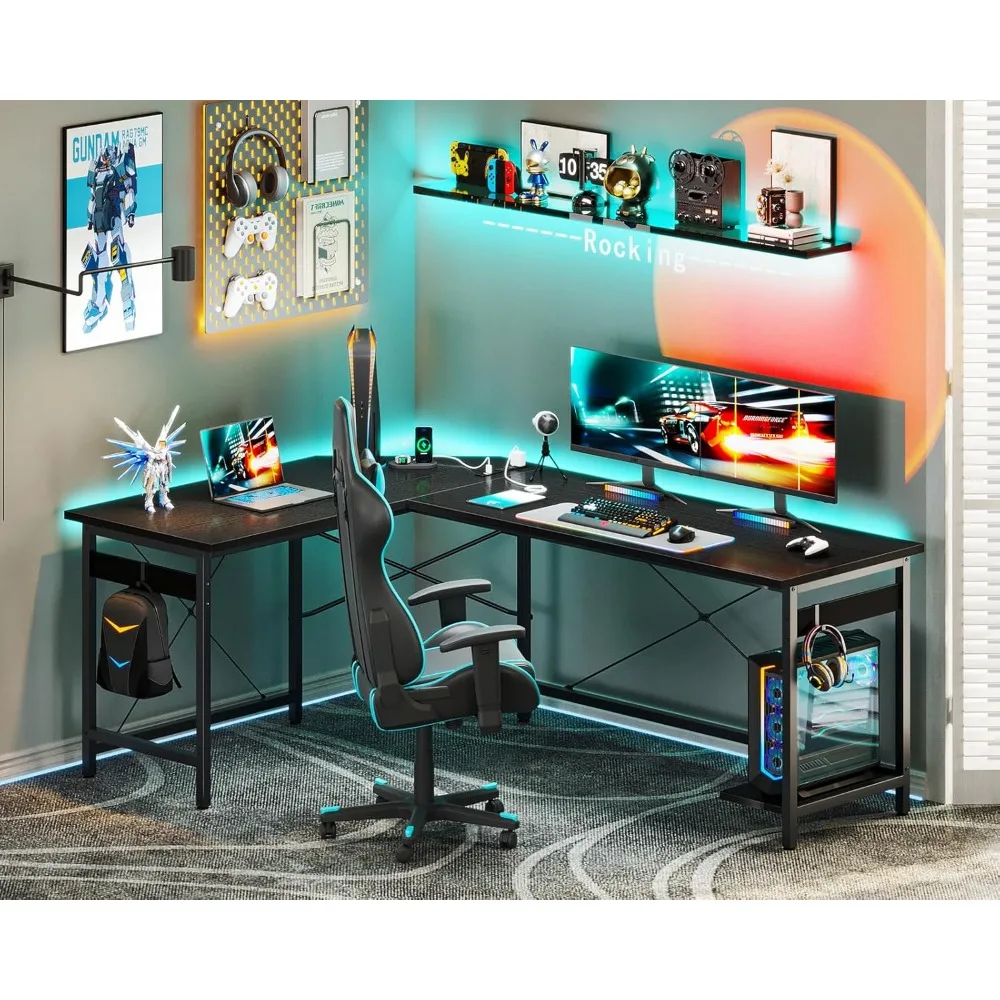 

66" L Shaped Gaming Desk with Outlet, L Shaped Desk with CPU Stand, Corner Computer Desk, Home Office Desk, Writing Desk, Black