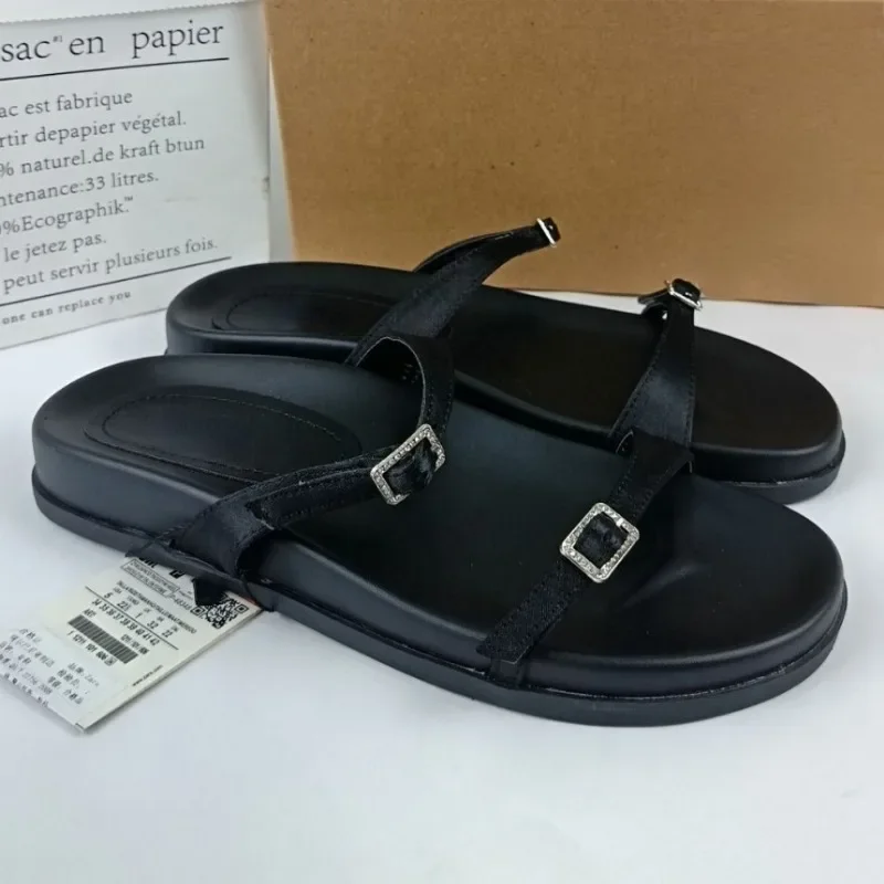 2025 Summer Women Flat Sandals Open Toe Black Casual Beach Shoes for Lady Thick Sole Platform Buckle Strap Outdoor Footwear