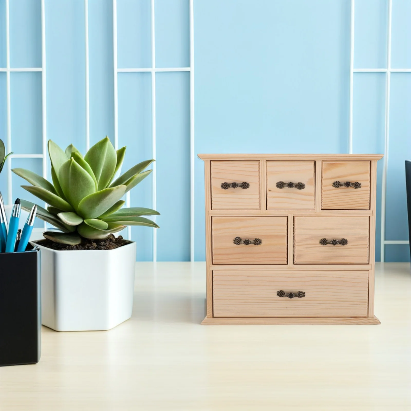 

6pcs 6 Drawer Wooden Desktop Organizer: Natural Solid Wood Desk Storage Box For Office Stationery File Pen Storage Mini Cabinet