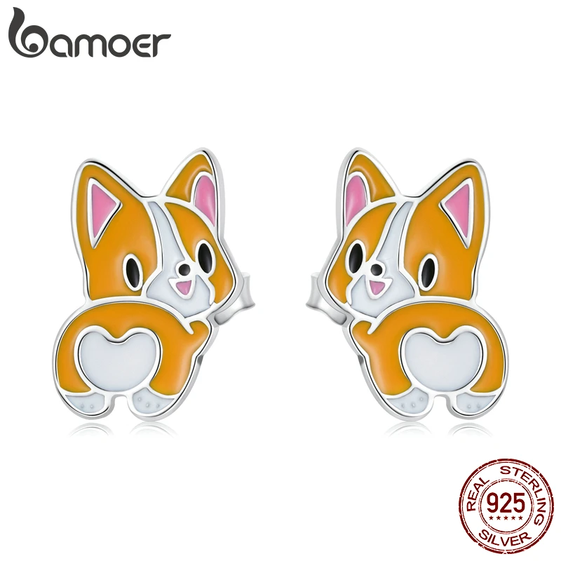 BAMOER 925 Sterling Silver Cute Earrings Mini Lovely Corgi Stud Earrings for Women & Girls Charm Jewelry Party Gift