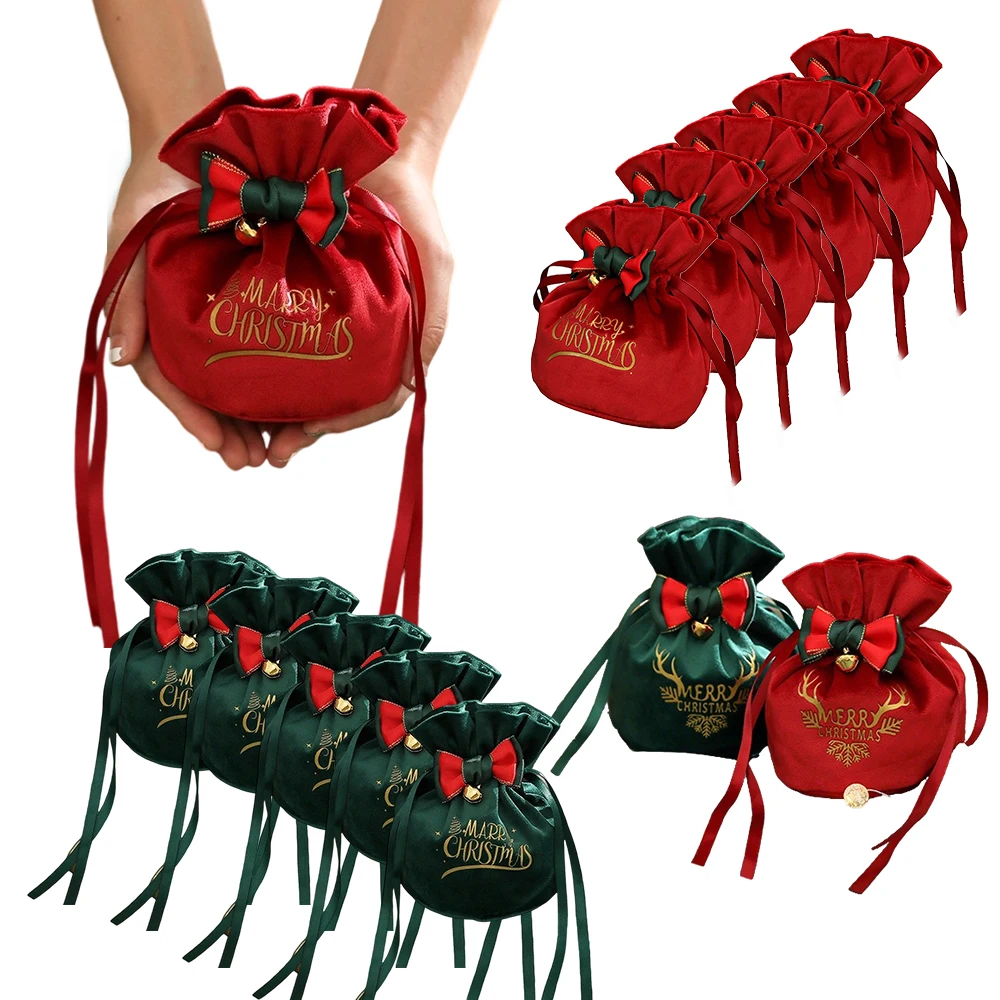 

1/5/10pcs Set Red Christmas Candy Bag for Guests Drawstring Cloth Gift Bag Wedding Favors Xmas Birthday Party Decoration Подарок