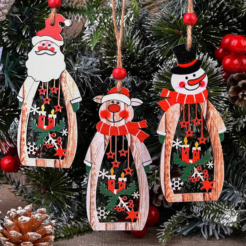 Christmas Hanging Ornament Wooden Xmas Tree Snowman Santa Elk Shaped Hollow Out Vintage Signs Plaque Party Home Decoration