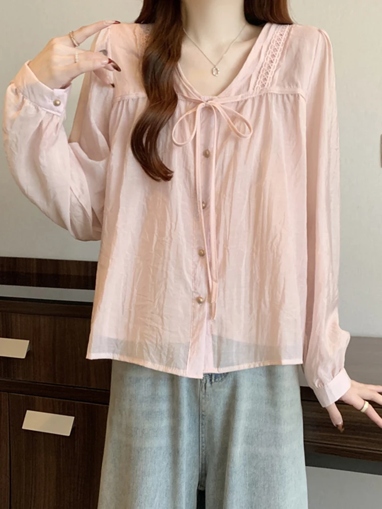 

Женская весенняя блузка с V-образным вырезом и длинным рукавом, розовая, больших размеров, скрывающая живот, модный топ, удобный, дышащий, в корейском стиле