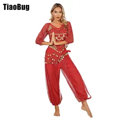 Womens Bells Belly Dance Outfit Role Play Carnival Performance Costume Lace-up Back Irregular Hem Crop Top Bloomers Hip Scarf