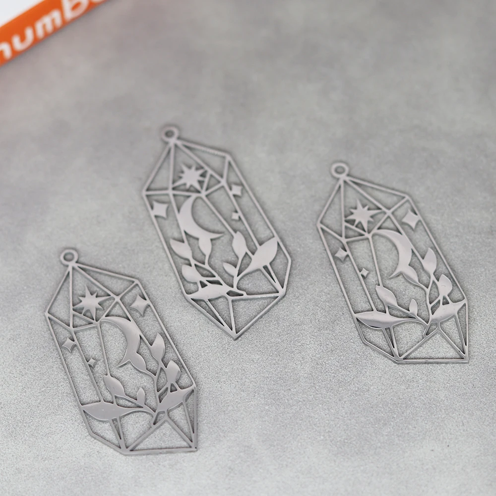 3X Art Line Crystal Moon Leaf Charm Stainless Steel Pendant for Jewelry Making DIY Craft Vintage Tassels Earrings Necklace Women