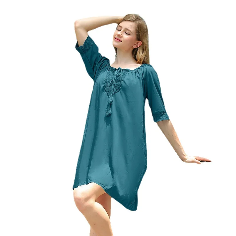 

Women's Beach Dress 2024 Large Size Fashion Women's Sunscreen Loose Lace-Up U-Neck Dress, Solid Color Beach Blouse Dress