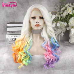 Imstyle Rainbow peruka Multicolor syntetyczna koronka peruka Front długie faliste peruki dla kobiet włókno termoodporne imprezowa peruka Cosplay