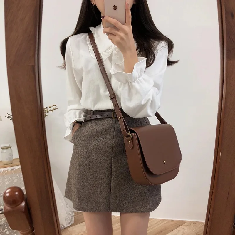 Shirts Women Chic All-match Daily Peter Pan Collar Casual Korean Fashion Flare Sleeve Young Students Sweet Retro Spring Autumn