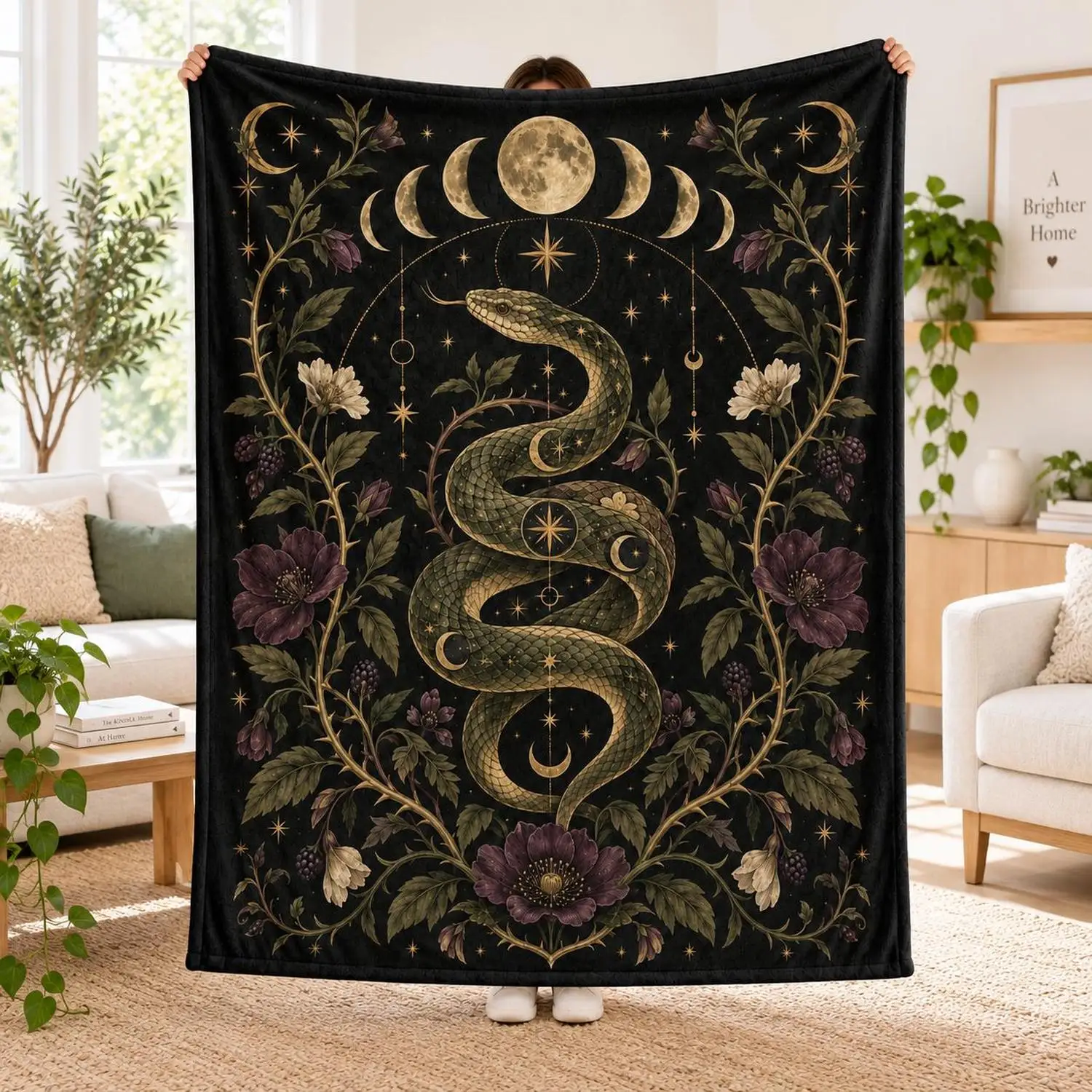 [Flannel Blanket] Snake Print Blanket, Starry Sky and Moon Phase Pattern Blanket, Ideal Choice for Gothic Style Enthusiasts, a Plant-Themed Gift with a Touch of Mystery