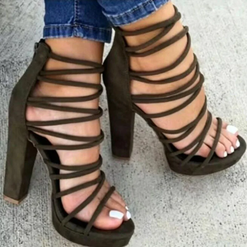

Army Green Black Suede Narrow Bands Open Toe Platform Sandals Summer Women Cover Heel Zipper Back Gladiator High Heel Sandals