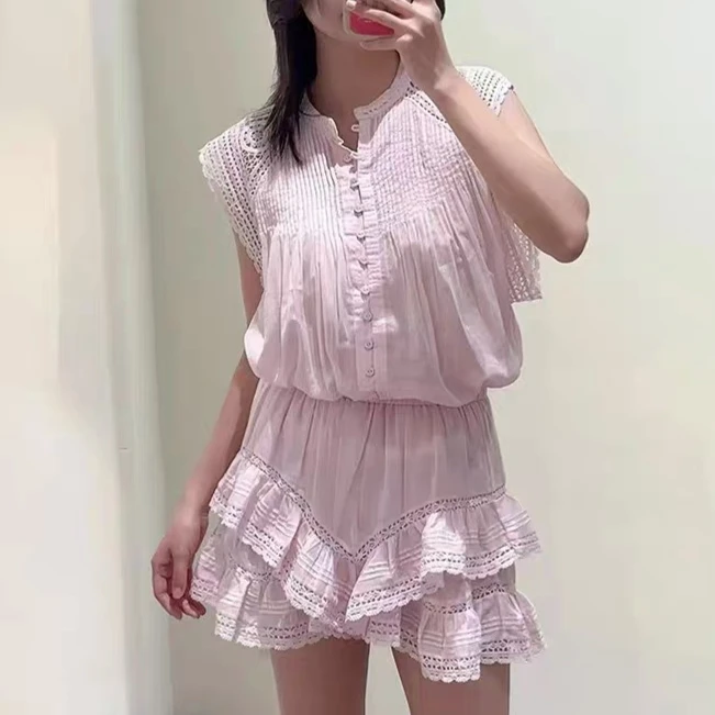 

Женский розовый костюм-двойка осени и зимы 2025 года, свободный топ с круглым вырезом в стиле пэчворк или шорты с рюшами