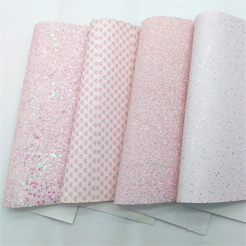 Pink Glitter Leather sheets Pearls Glitter Leather Hearts Printed Shimmer Glitter Iridescent Leather For Bow DIY 21x29CM Q1573