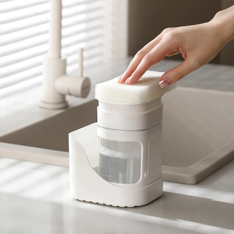 420ml/14oz Dishwashing Soap Pump Dispenser for Countertop Sponge Included Dish Soap Dispenser and Sponge Holder for Kitchen Sink