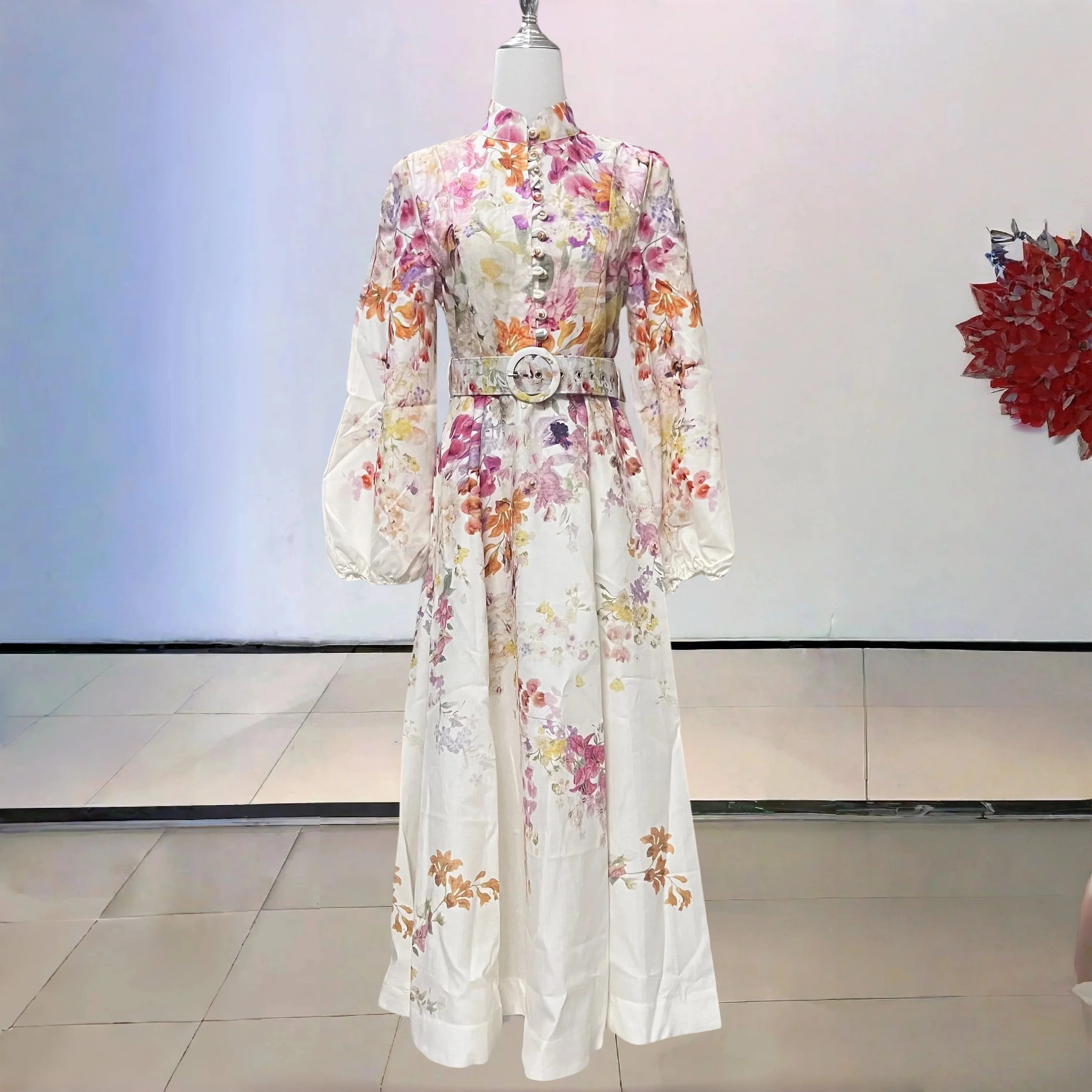 

Women's Floral Print Linen Midi Dress Soft Fabric A Line Cut Retro Style Long Sleeve Summer Garden Party Elegant Look