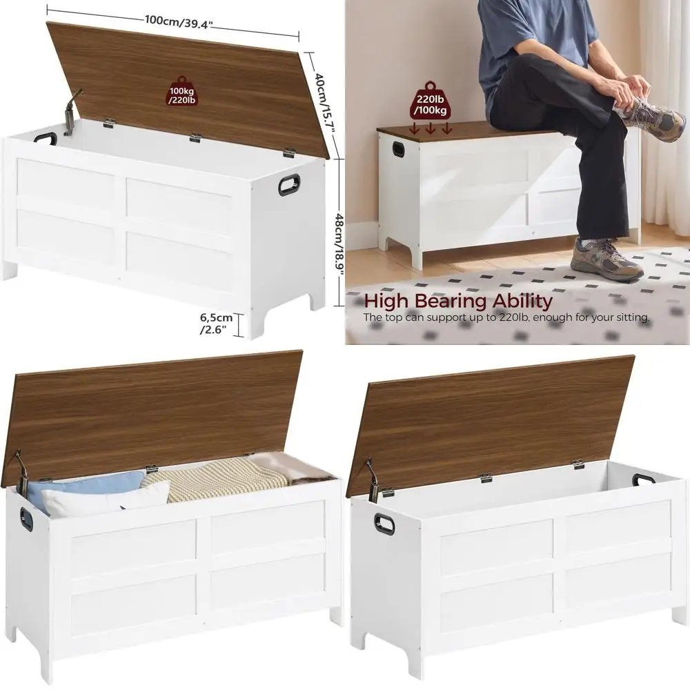 

Большой комод для игрушек с местом для хранения в прихожей, безопасная скамейка на петлях для гостиной, спальни, отделка белого и ореха