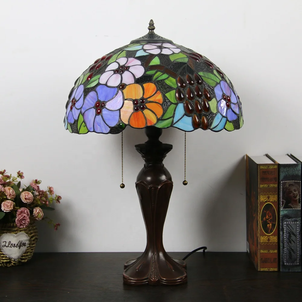 Handcrafted 16-Inch  Style Stained Glass Table Lamp Elegant Grape Design Accent Light