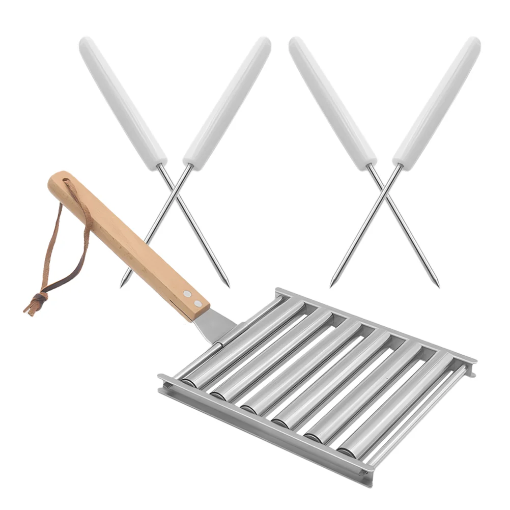 Detachable Stainless Steel BBQ Hot Dog Sausage Grill Rack Set Skewers Easy Roll Outdoor Bbq Stand Compact Folding for Camping