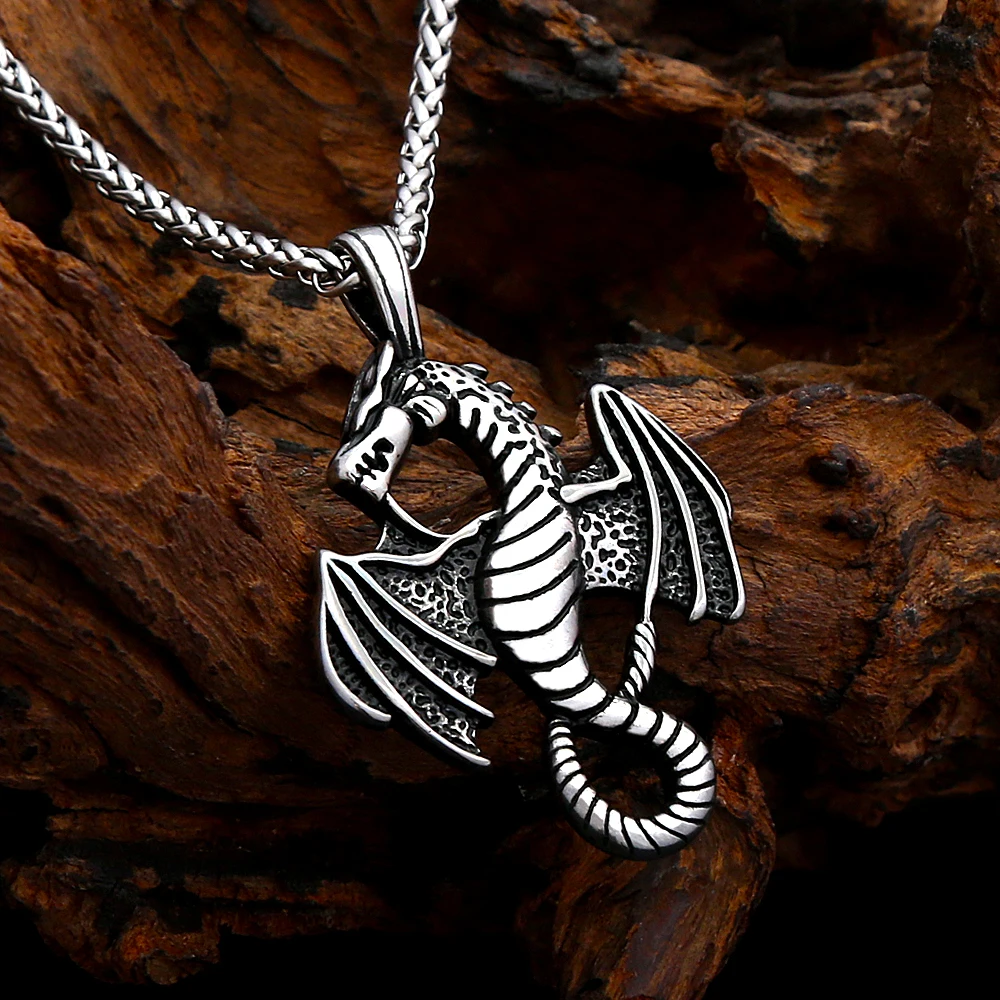 Classic Vintage Winged Dragon Stainless Steel Pendant Necklace Medieval Fantasy Dragon Amulet Unisex Myth Themed Fashion Jewelry