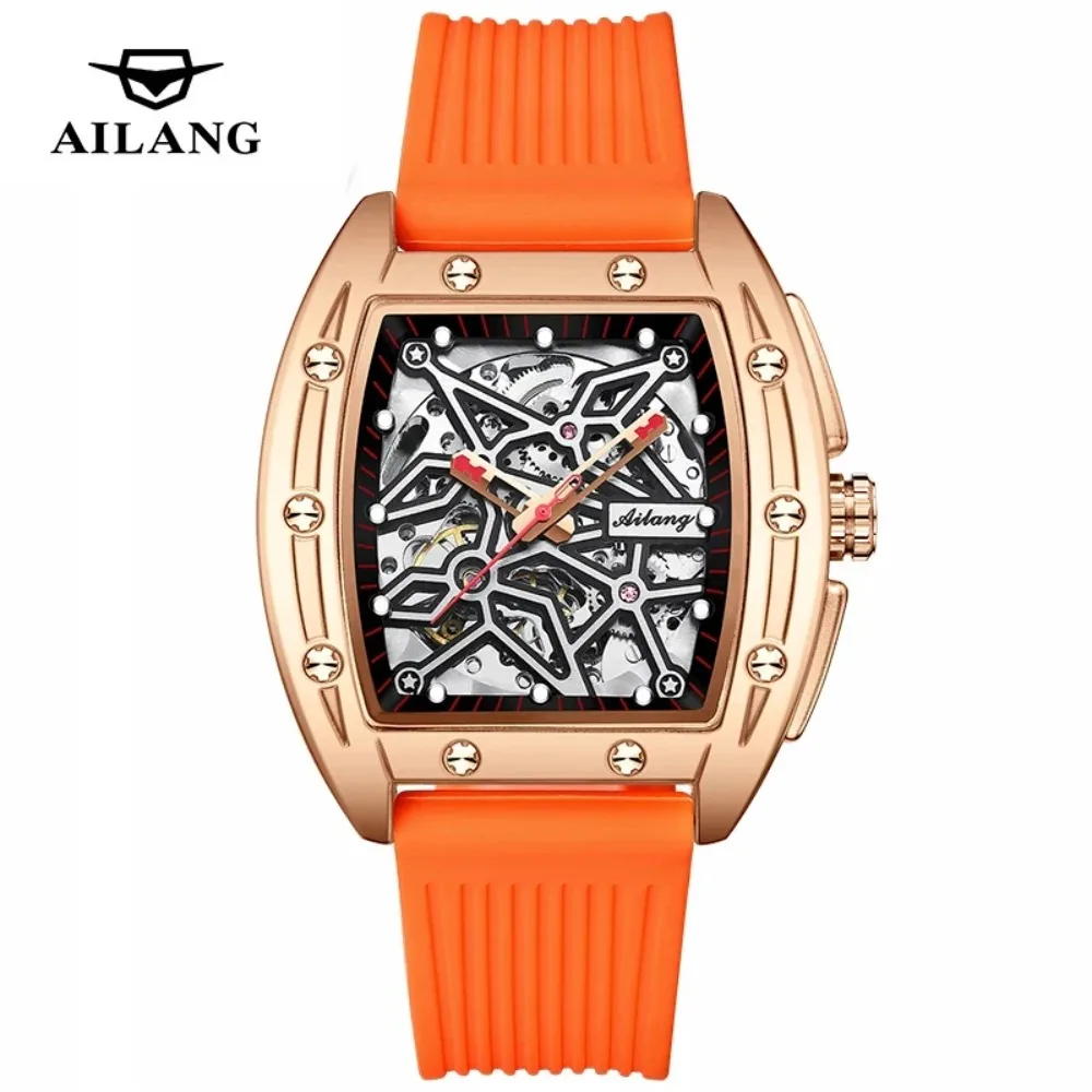 

AILANG New Men Luxury Rose Gold Case Mechanical Watch for Mens Sports Silicone Strap Waterproof Luminous Hollow Wristwatches Men