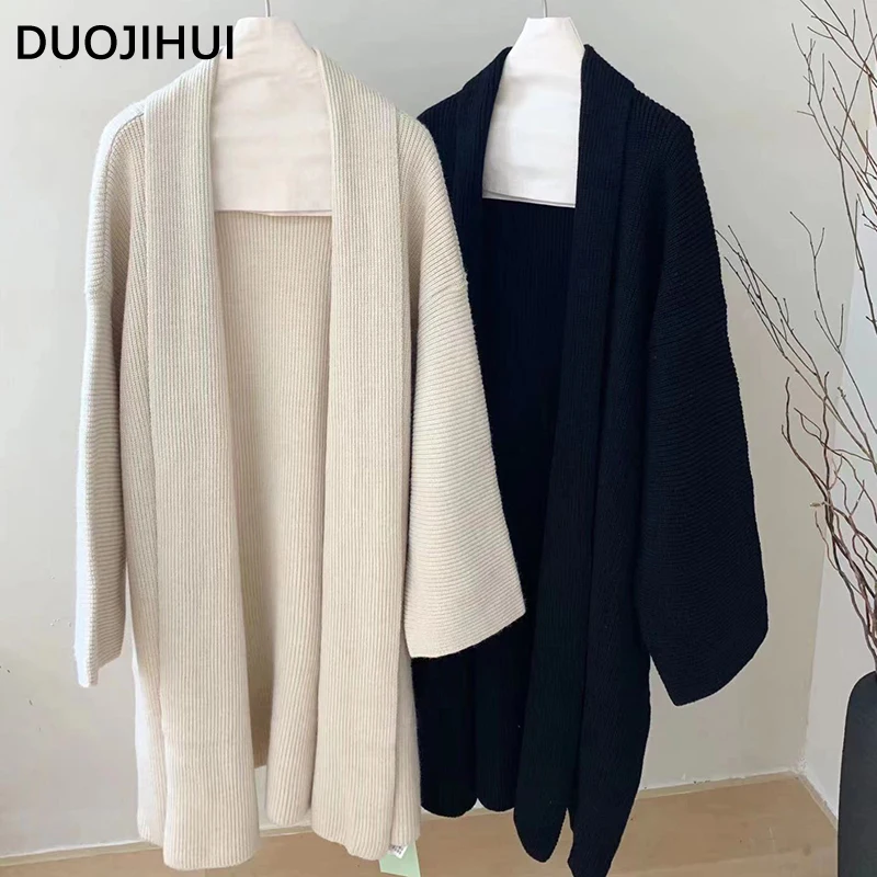 Duojihui เสื้อสเวตเตอร์ถักสำหรับสาวออฟฟิศ, เสื้อคาร์ดิแกนแขนยาวทรงหลวมสไตล์เกาหลี