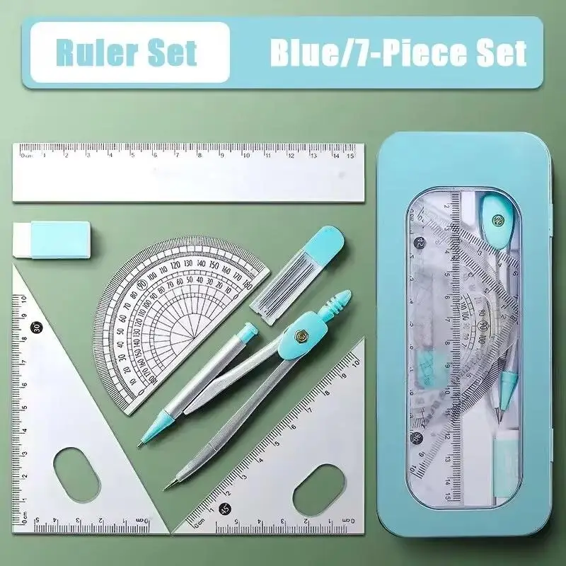 Juego de geometría de 7 piezas con compás y reglas para estudiantes