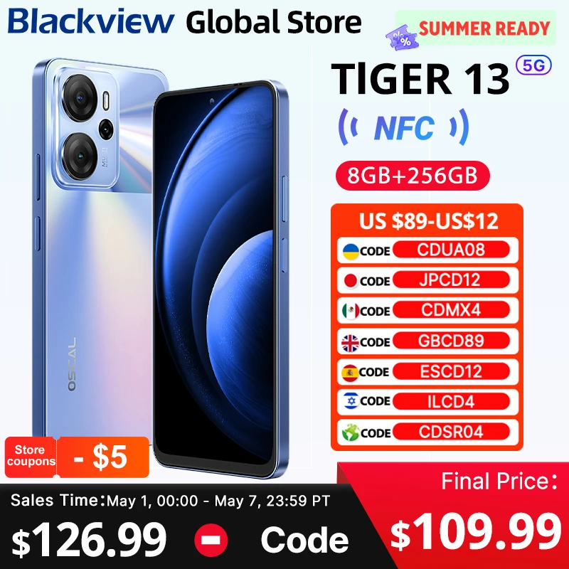 Blackview Oscal Tiger 13 5G Smartphone 6.67 inch 90Hz IPS Display NFC 5000mAh Unisoc T760 256GB 50MP AI Camera Mobile Phone