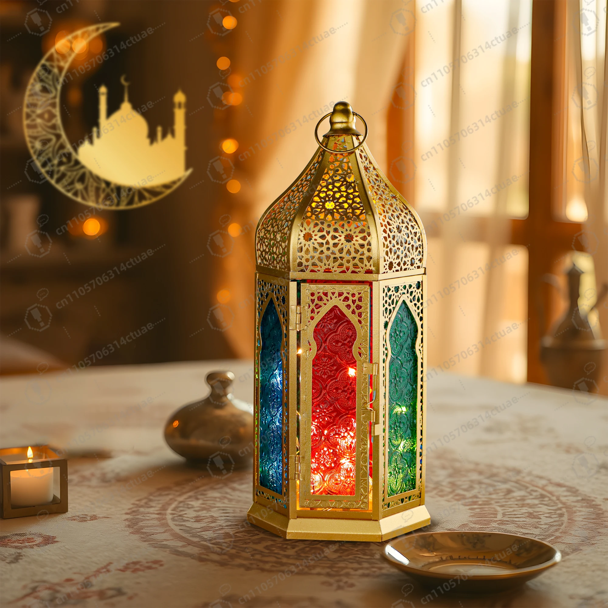 

2026 New Ramadan Festival Decor, Golden Hexagonal Stained Glass Metal Lantern