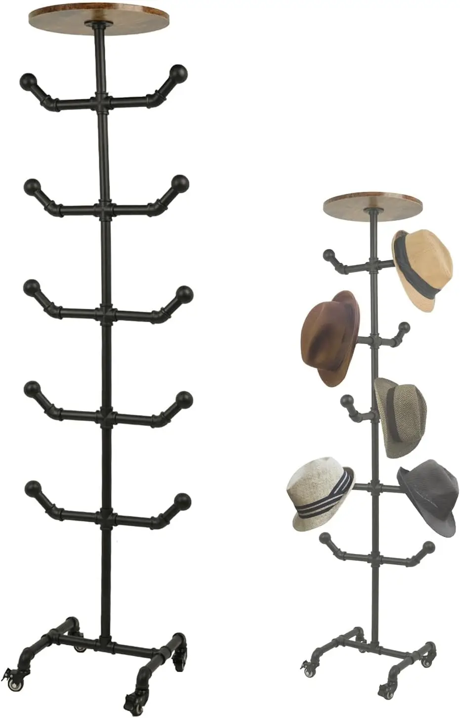Uyoous-Hat Rack com Rodas, Industrial Display Stand, Rústico Metal Pipe Hat Rack, Independente, 5 Camadas