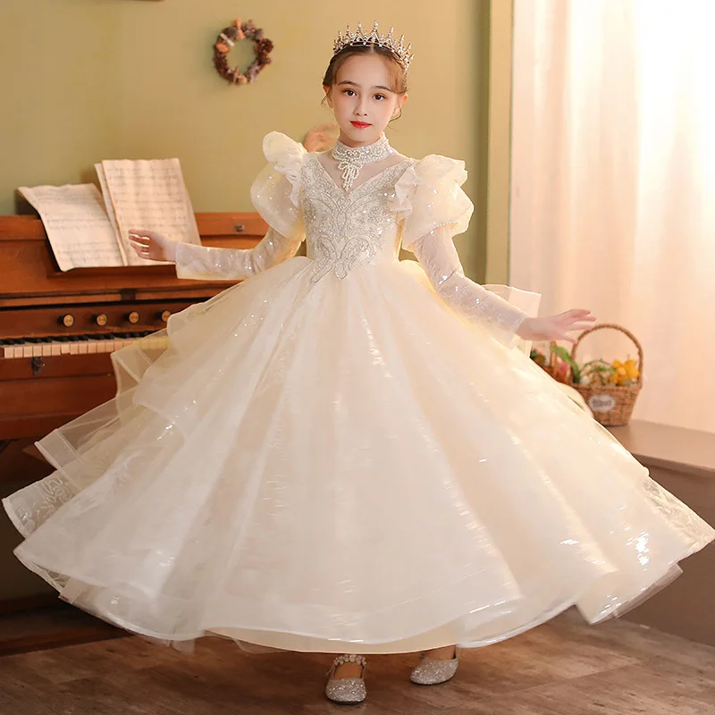 Pearl Sequins embroidery Kids Dresses For Party Wedding Children Pageant Gown 2024 Baby Tulle Princess Dress for Girls Clothing