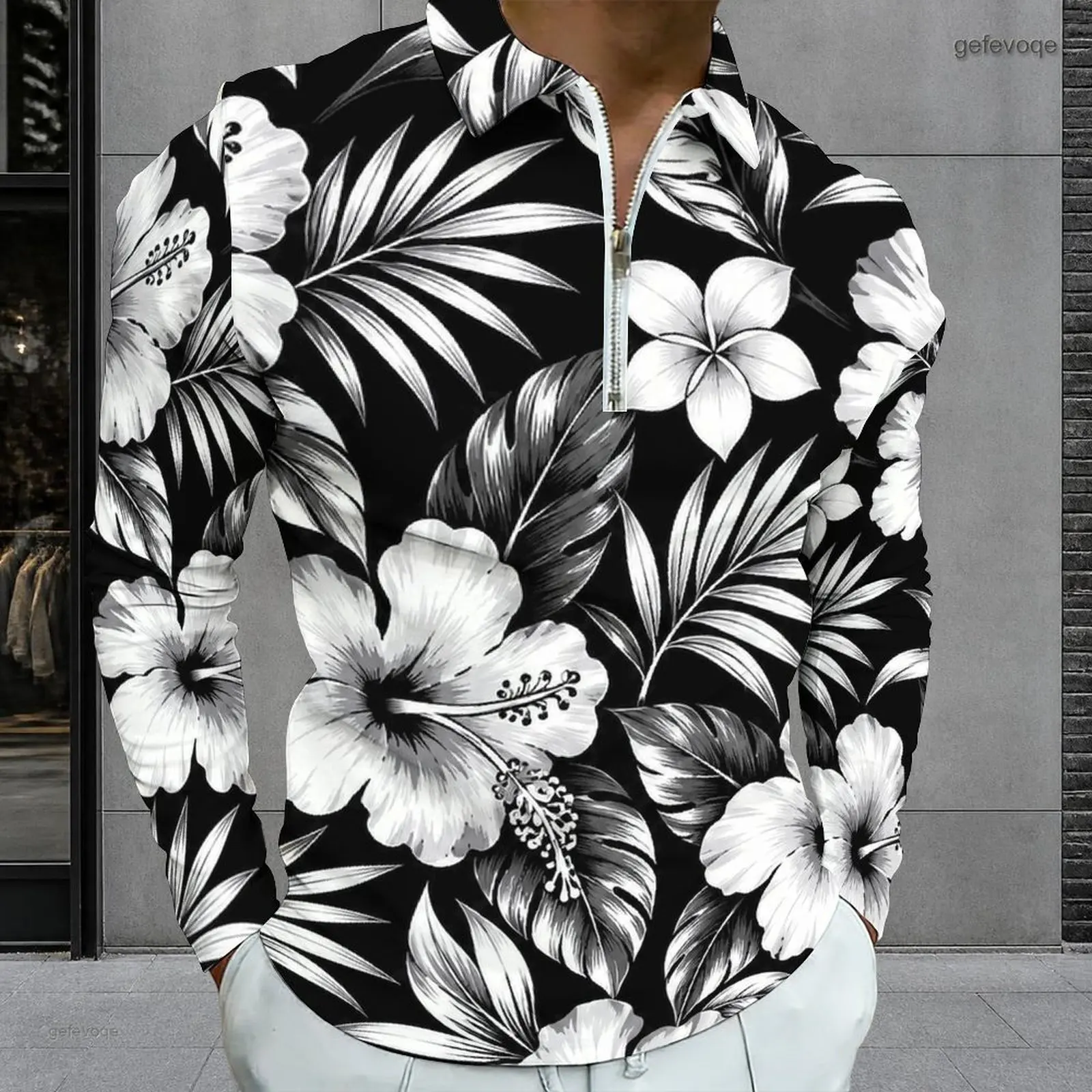 Men Black White Tropical Floral Leaf Print Long Sleeve Quarter Zip Polo Shirt