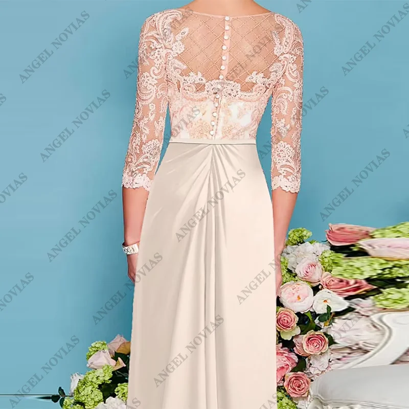 Customized Long Mother of the Bride Dress Wedding Guest Elegant Scoop Neck Floor Length Chiffon Lace with Beading Appliques 2024