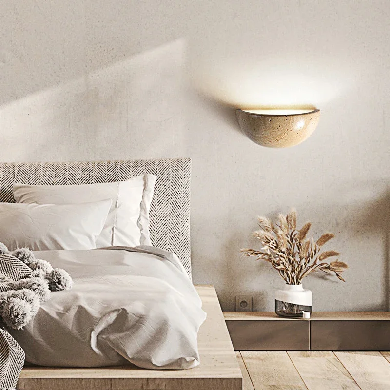 Imagem -03 - Nordic Wabi-sabi Estilo Lâmpada de Parede Led para Sala de Fundo Amarelo Estilo Creme Travertline Quarto Fundo de Cabeceira Lâmpada de Parede Semicircular