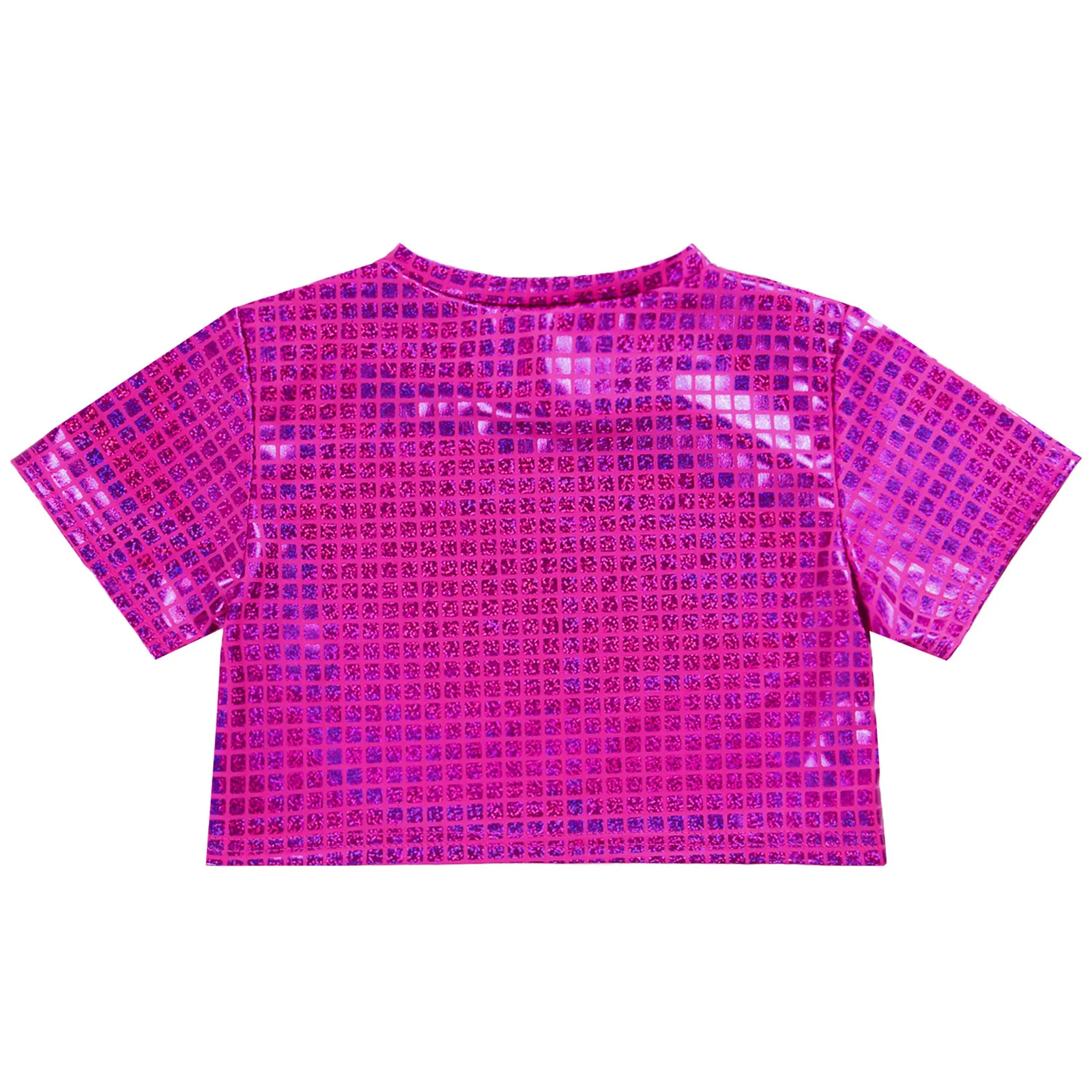 

Kids Girls Metallic Plaid Sequins Jazz Dance Outfits Short Sleeve T-shirt Crop Top+Ruffled Skirt Sets Cheerleading Dance Uniform