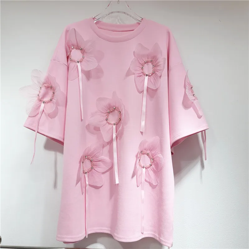 

Round Neck Mid-length T-shirt Dress 2024 Summer New Style Fashionable Three-dimensional Flower Beading Loose Large Size Top