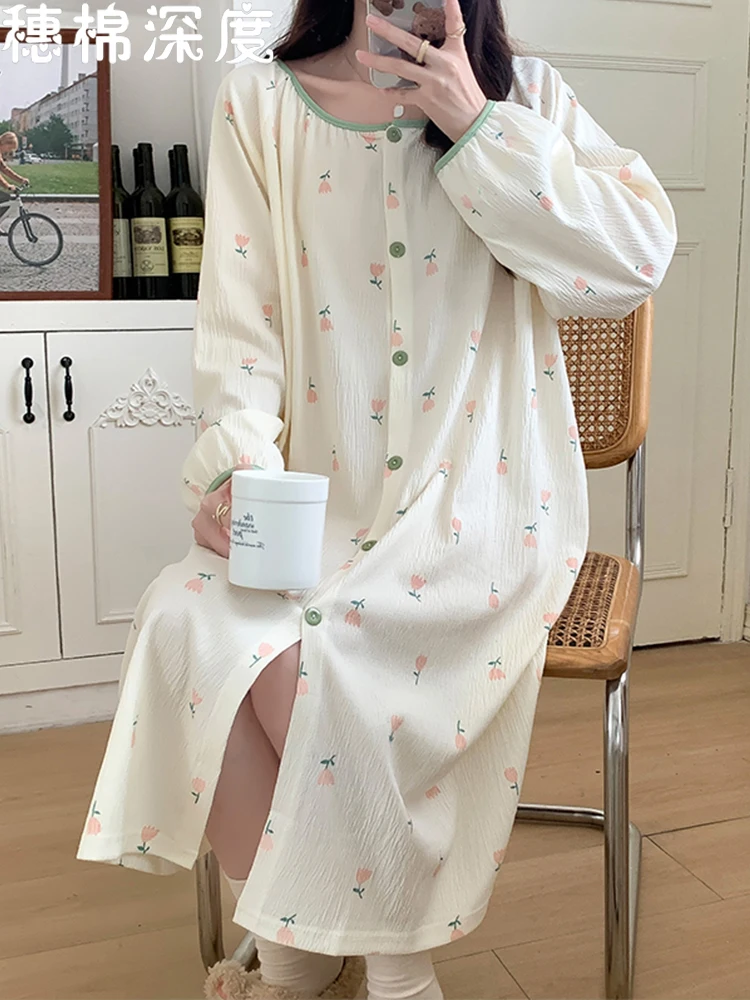 

Sweet Floral Print Long Sve Sp Dr for Women Spring Autumn Materni Mid-Length plus Size Cardigan Sle Home Clothes