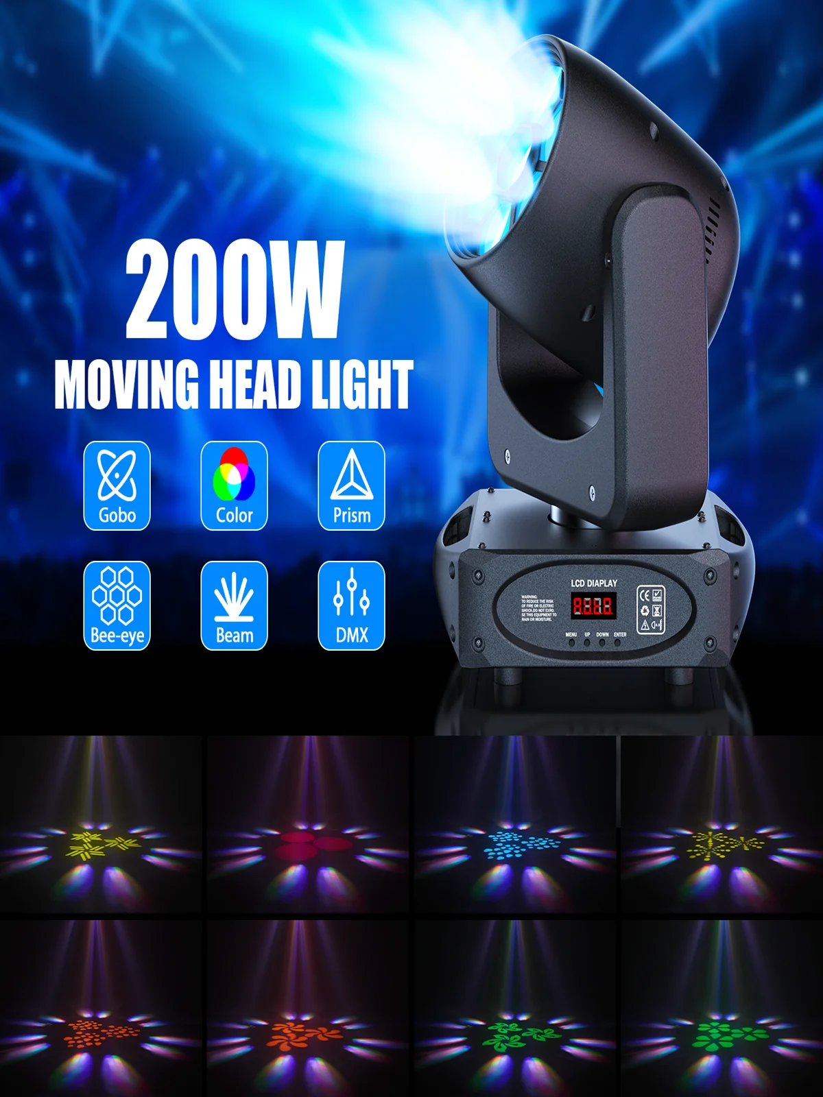 Yiflamefly 4 Stück 200W 6-Bee-Eye Moving Head Lights mit 8 Farben & Gobos, 3 Prismen, Bühnenbeleuchtung, DMX DJ-Lichter für Hochzeiten, DJ-Partys, Shows, Nachtclubs