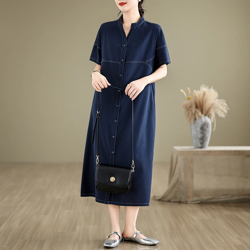 Robe chemise droite bleue à manches courtes pour femmes, chemise boutonnée sur le devant, robe mi-longue de style coréen, robe trapèze pour dames, bureau, #3872