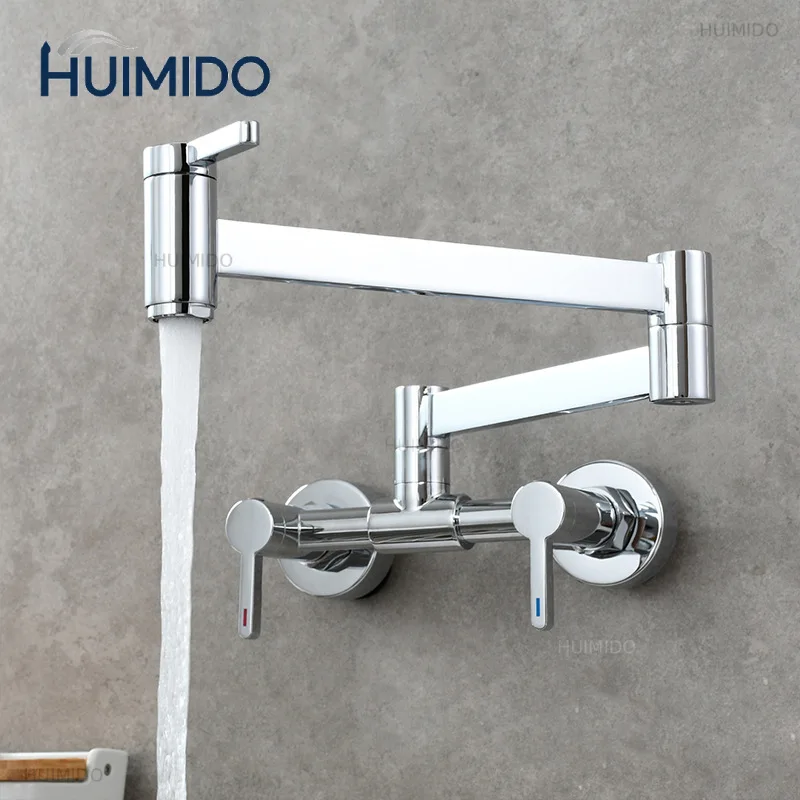 Tap Wall Mounted Foldable Kitchen Faucet Hot and Cold Single Hole Sink Tap Rotate Folding Spout Brushed Gold Brass